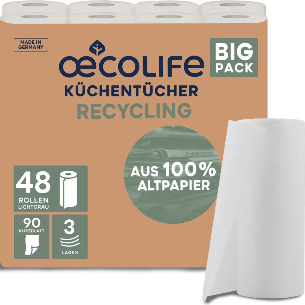 oecolife Big Pack Küchentücher aus 100 Prozent recyceltem Altpapier, 48 Rollen