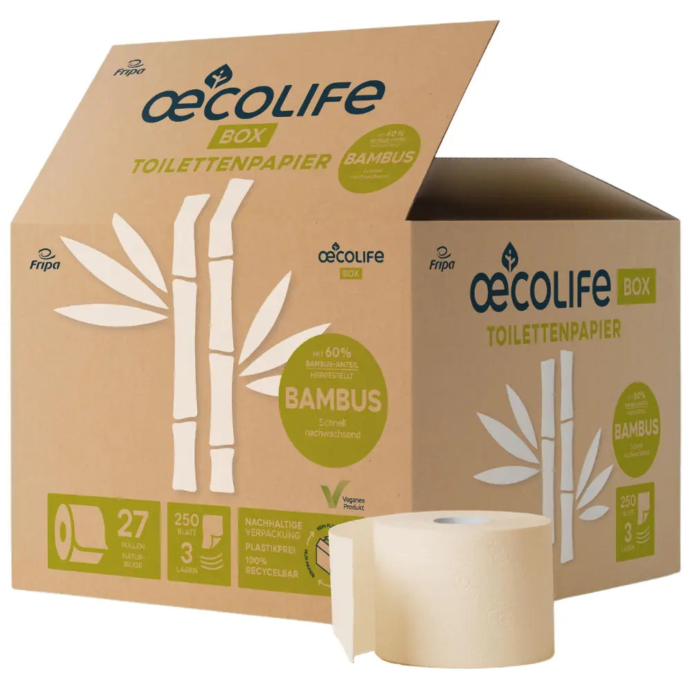 Oecolife Karton mit Toilettenpapier aus Bambus, 27 Rollen Inhalt