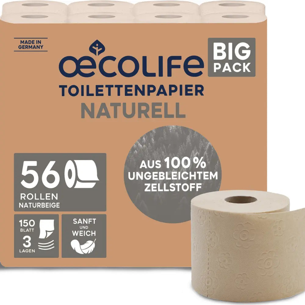 oecolife Big Pack Toilettenpapier Naturell, aus 100 % ungebleichtem Zellstoff, 56 Rollen